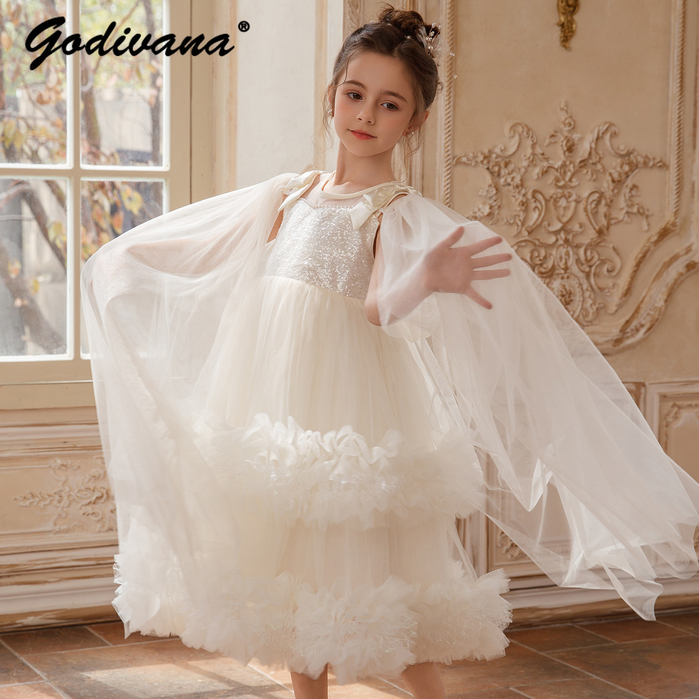 Baby Clothing High End - ชุดเดรสเจ้าหญิงสำหรับเด็กผู้หญิง ประดับเลื่อมผ้าทูลล์สุดหรู รุ่นใหม่ประจำฤดูร้อนปี 2026 เหมาะสำหรับงานแสดงหรืองานวันเกิด สีขาว