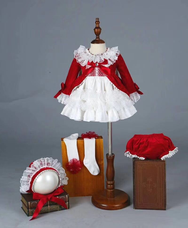 Baby Clothing Dresser - 4 ชิ้นเด็กสาวฤดูใบไม้ร่วงฤดูหนาวฤดูใบไม้ผลิกำมะหยี่สีแดงวินเทจชุดเจ้าหญิงสเปนโลลิต้าคริสต์มาสวันเกิดงานแต่งงาน C1