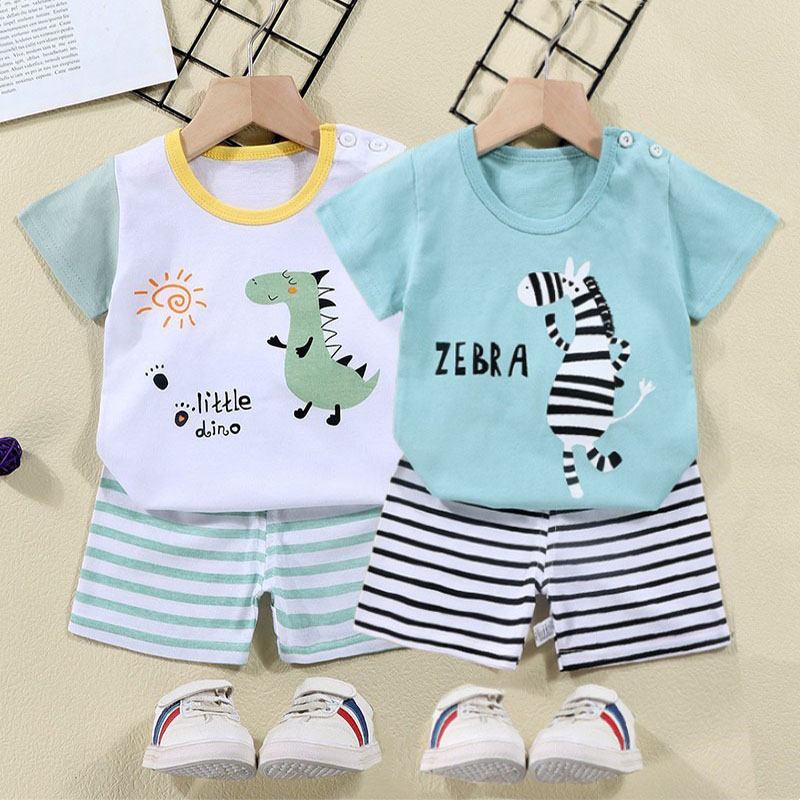 Baby Clothing Dividers - ผ้าฝ้ายTees + กางเกงขาสั้น 2 ชิ้นชุดเด็กการ์ตูนZebraไดโนเสาร์พิมพ์ฤดูร้อนชุดเด็กชายหญิงเด็ก 1-6