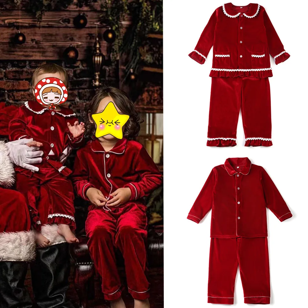 Baby Clothing Dividers - Ruffkids กํามะหยี่เด็กเสื้อผ้าเด็กชุดนอนครอบครัว Pjs Loungewear สีแดงสีเขียวชายหญิงชุดนอนคริสต์มาสชุด